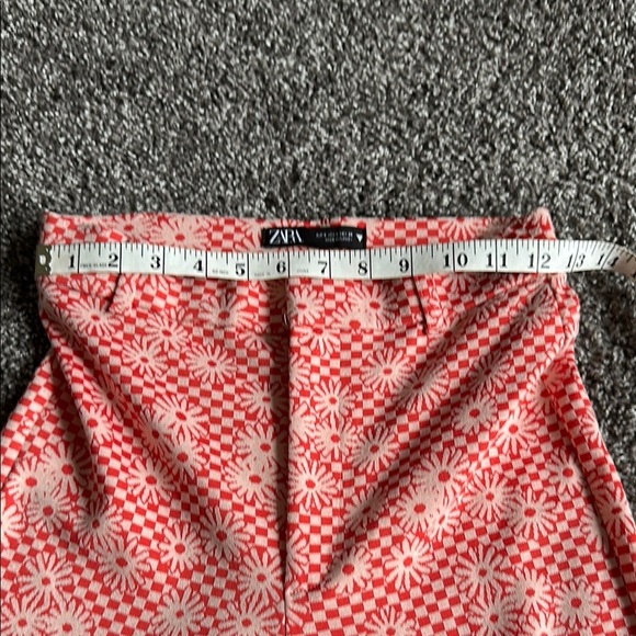 Zara Pastel Red/Coral and Cream Checkered Floral Flare Pants size small - Picture 7 of 10